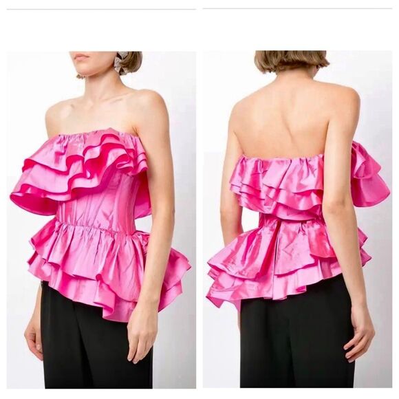 RozieCorsets Rozie Corsets Pink Ruffled Off-Shoulder Top Silk Strapless Bustier - Picture 1 of 7